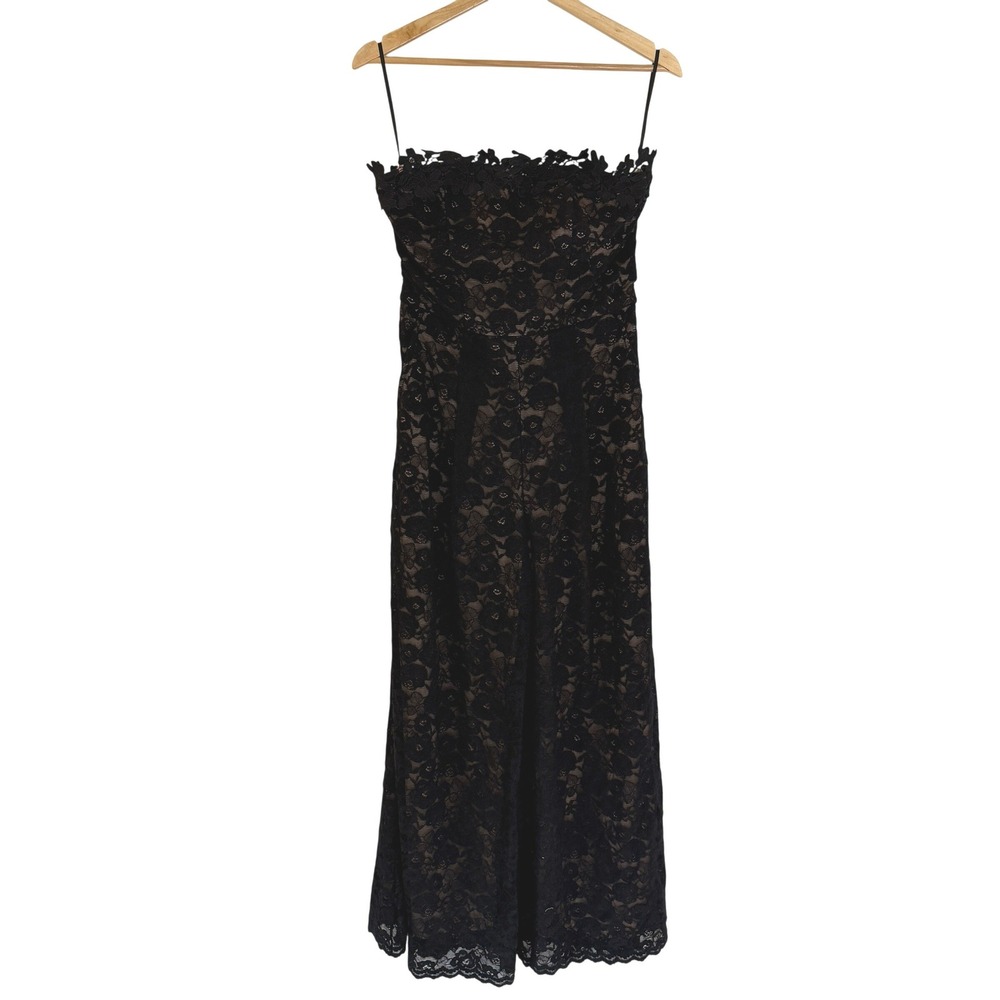 MOTF Lace Jumpsuit Womens Medium Black Nude Strappy Wide Leg NWT Floral Applique